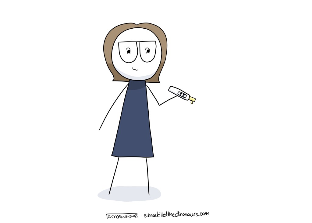 I am looking at a positive pregnancy test. I am emotional. My smile is wonky.