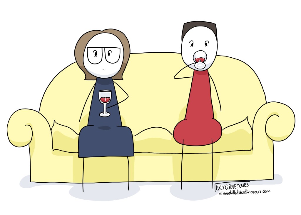 My partner and I sit on the couch with a glass of wine. We are no longer happy.