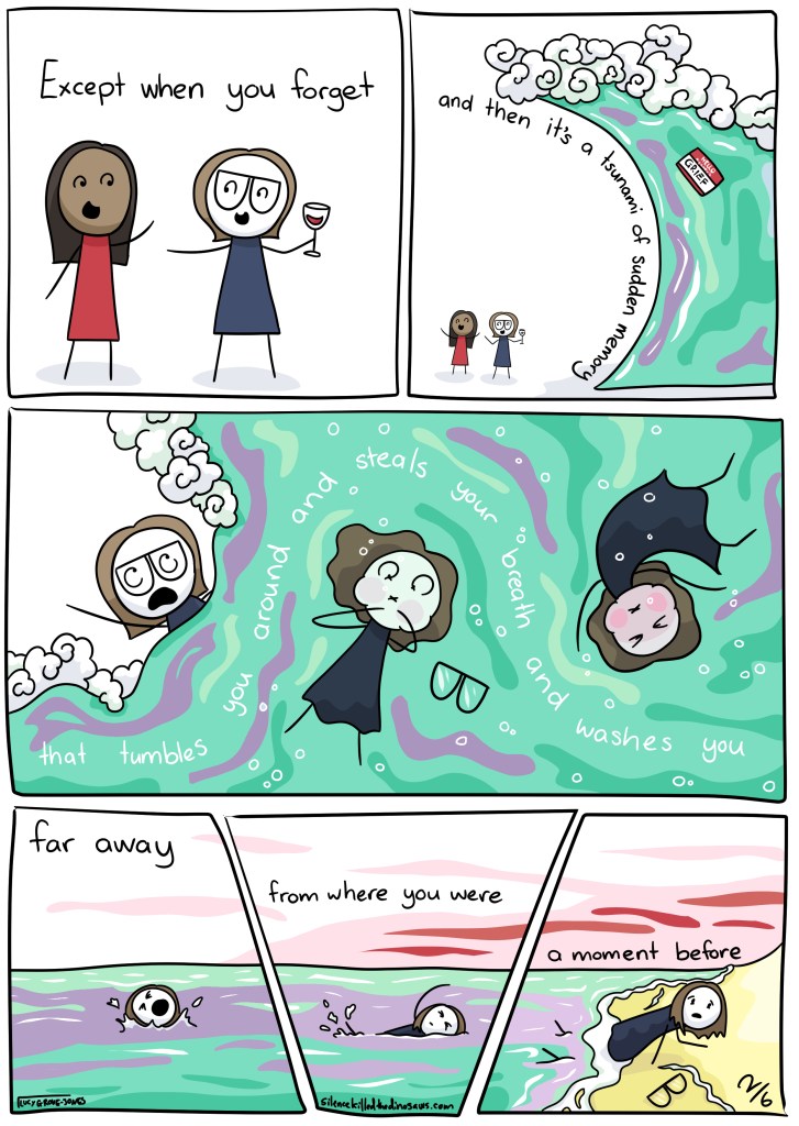 Test reads: Except when you forget. And then it’s a tsunami of sudden memory that tumbles you around and steals your breath and washes you far away from where you were a moment before