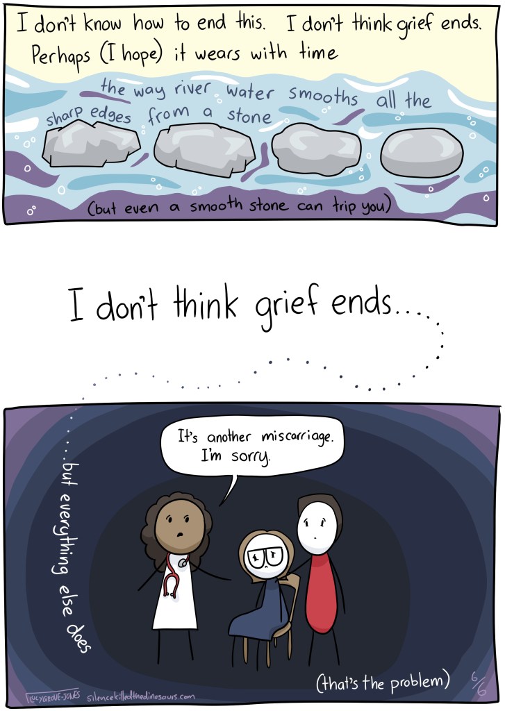 Test reads: I don’t know how to end this. I don’t think grief ends. Perhaps (I hope) is wears with time, like running water smoothing all the sharp edges from a rock. But even a smooth rock can trip you. I don’t think grief ends. But everything else does. (that’s the problem)