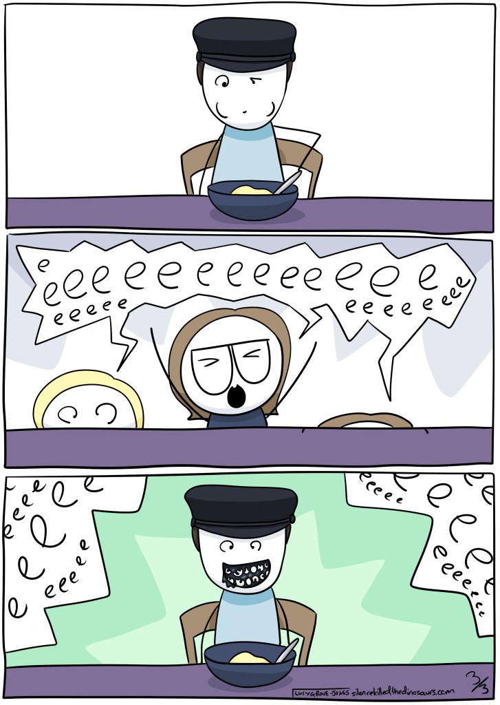 Panel 1: Dad is chewing and his expression says he regrets everything. Panel 2: three kids screaming "eeeeeeeeeeeeeeeee!" Panel 3: Dad smiles, revealing teeth covered in octopus ink