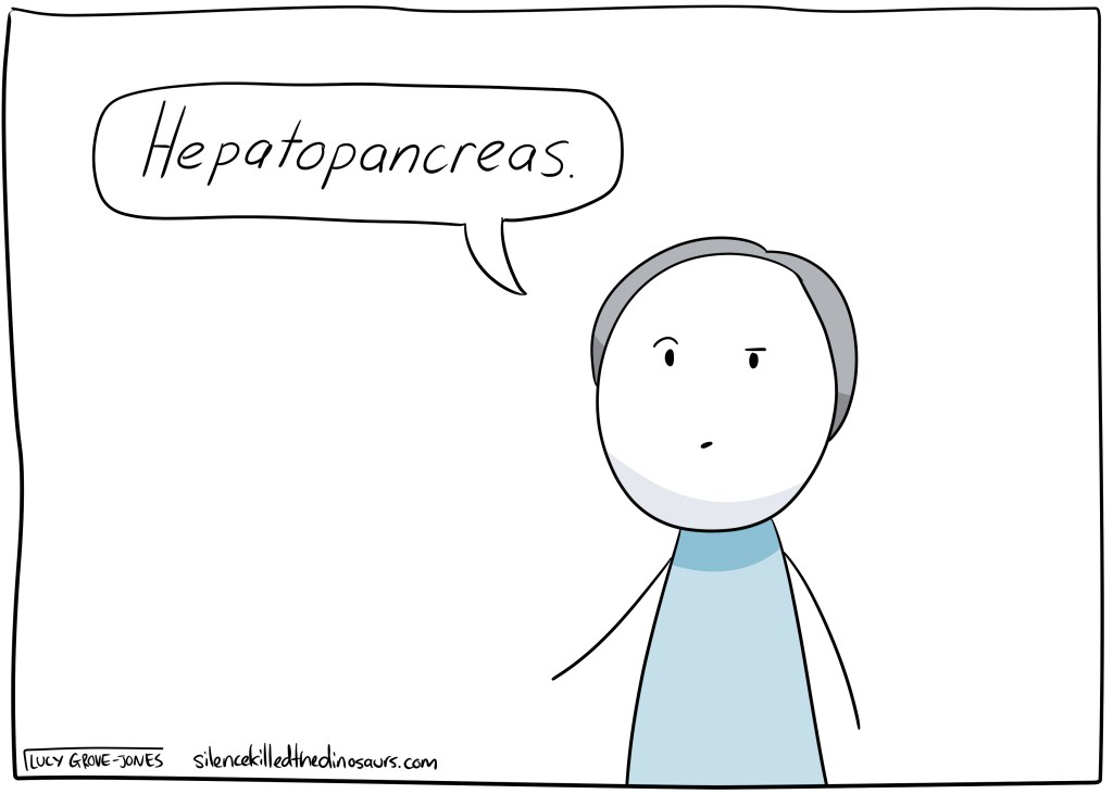 Older, modern-day Dad looking put out and a bit confused that you don't get it. Says: "Hepatopancrease"