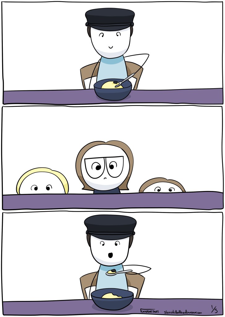 Panel 1: Dad at table. Liver is in bowl in front of him and he is scooping it with a spoon. Panel 2: three kids watch, concerned. Panel 3: Dad raises spoon and opens mouth