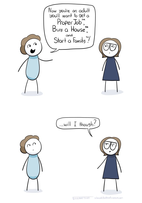 Person: Now you're an adult you'll want to get a Proper Job TM, Buy a House TM, and Start a Family TM! Me: ... will I though?