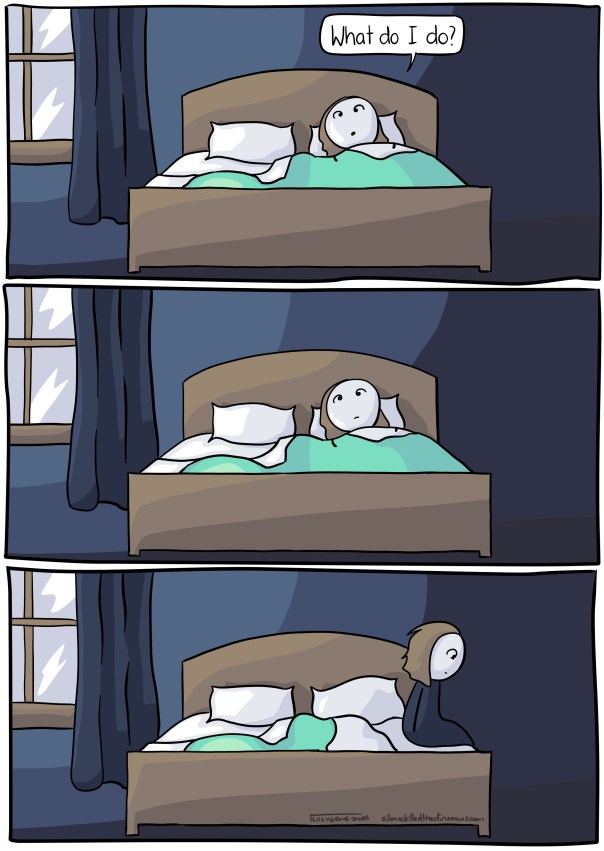 Dark room, me in bed. "What do I do?". Second panel: still in bed, still lying there. Third panel: I get up.