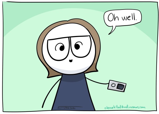 Cartoon-me holding silver ipod saying 'oh well'