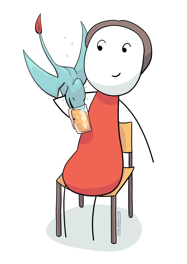 Man sharing a beer with a small pterosaur