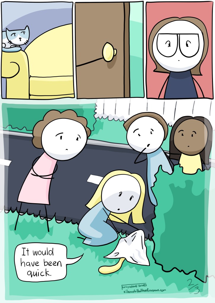 A series of panels. Three small panels show: the couch without me sitting in it, the front door opening, me shocked. Final large panel shows: people gathered around something. A women puts a cloth over something, a cat tail is poking out. She says "It would have been quick". Leads into next image...