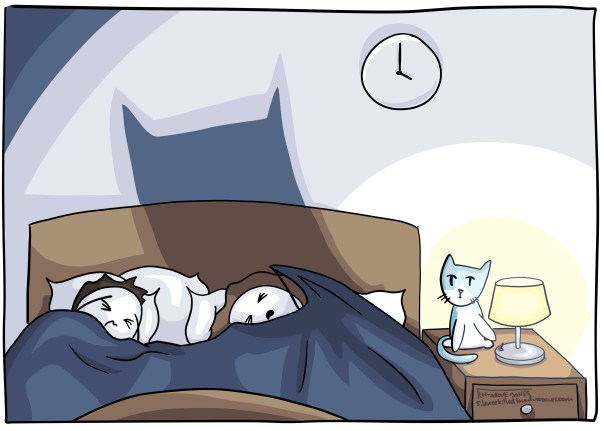 cat turns on beside light in the middle of the night. Cartoon people flail in eye-searing horror