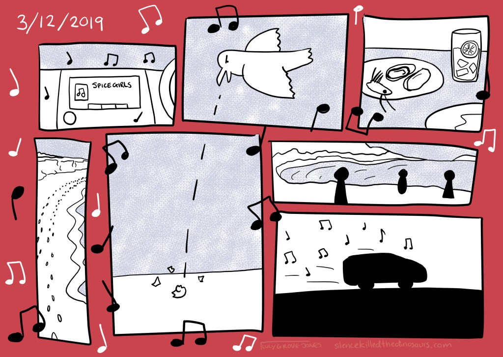 3/12/2019 A series of panels over a red background show a car stereo, musical notes, food, a bird dropping a shell to break it, a beach, and a car driving.