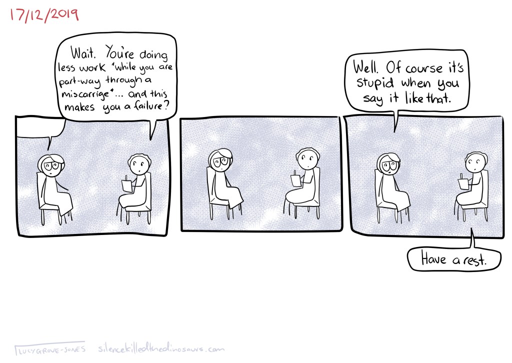 17/12/2019 (in red). Three panels of me talking to my therapist. In the first, she says “wait, you’re doing less work *while you are part-way through a miscarriage* … and this makes you a failure?” In the 2nd panel we just look at each other. In the third I say “Well, of course it’s stupid when you say it like that.” And she says “Have a rest”.