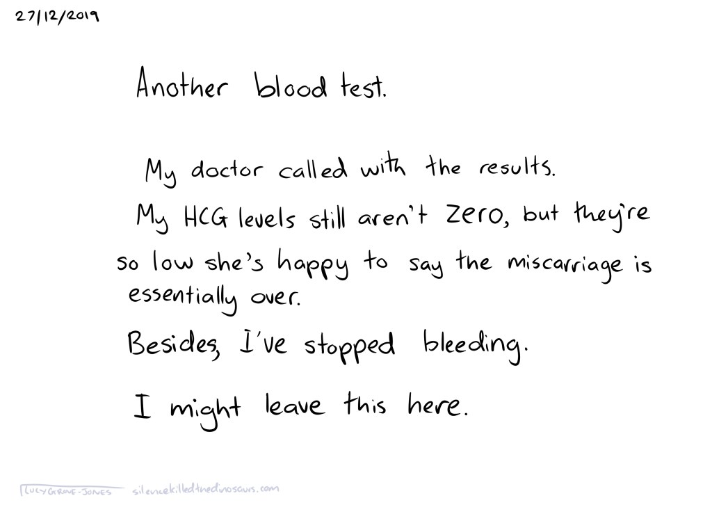 27/12/2019 Another blood test. My doctor called with the results. My HCG levels still aren’t zero, but they’re so low she’s happy to say the miscarriage is essentially over. Besides, I’ve stopped bleeding. I might leave this here.