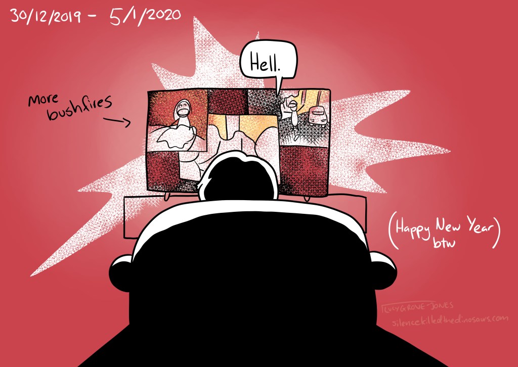 30/12/2019 - 5/1/2020 Background red. I sit in front of the TV watching footage of more bushfires. I say "Hell". Text: "(Happy New Year, btw)"