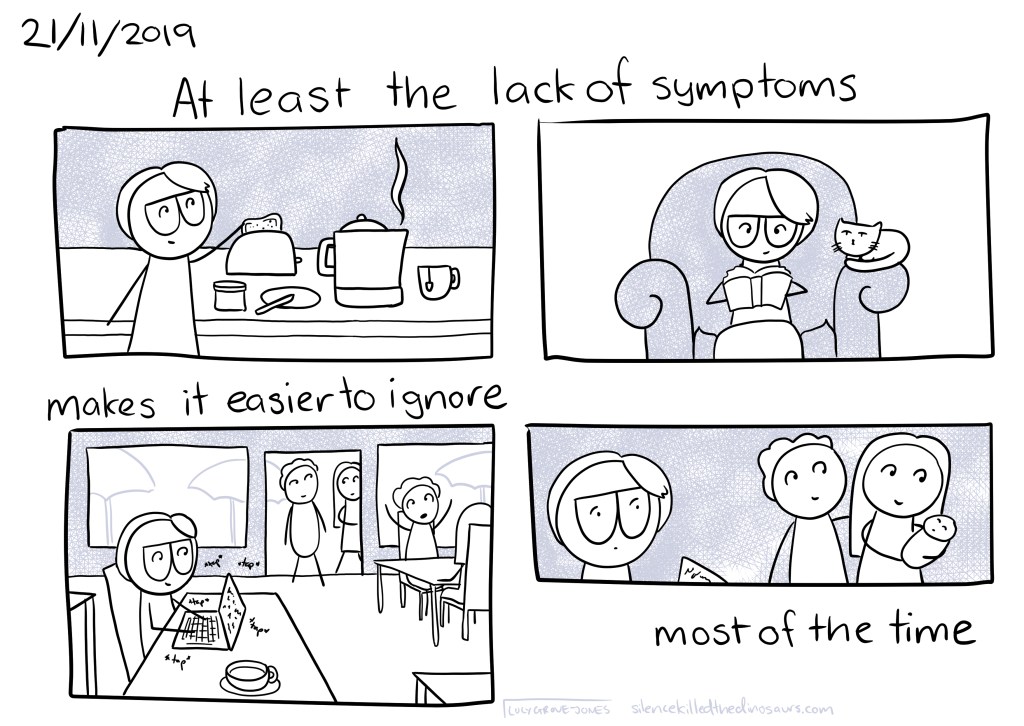 21/11/2019 Text: at least the lack of symptoms makes it easier to ignore (panels of me doing day to day stuff, making breakfast, reading, working in a cafe) Text: most of the time (panel of parents entering cafe with small baby)