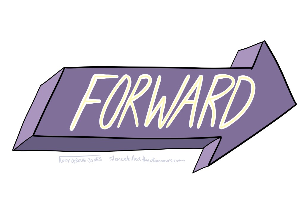 The word 'forward' in yellow letters on a big block arrow pointing forward