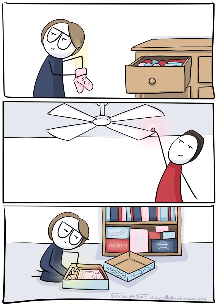 Panel 1: me hiding egg in socks. Panel 2: partner hiding egg on top of ceiling fan. Panel 3: me hiding egg in board game box