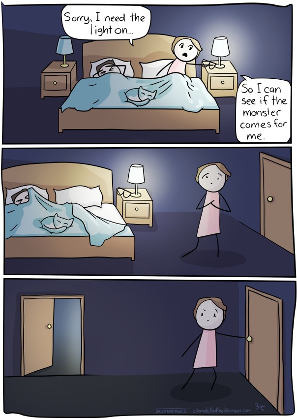 3 panels. Panel 1: I reach over and turn the light on and say 'Sorry, I need the light on. So I can see if the monster comes for me.' Panel 2: I walk nervously to the door. Panel 3: I walk nervously down the hall to the bathroom.