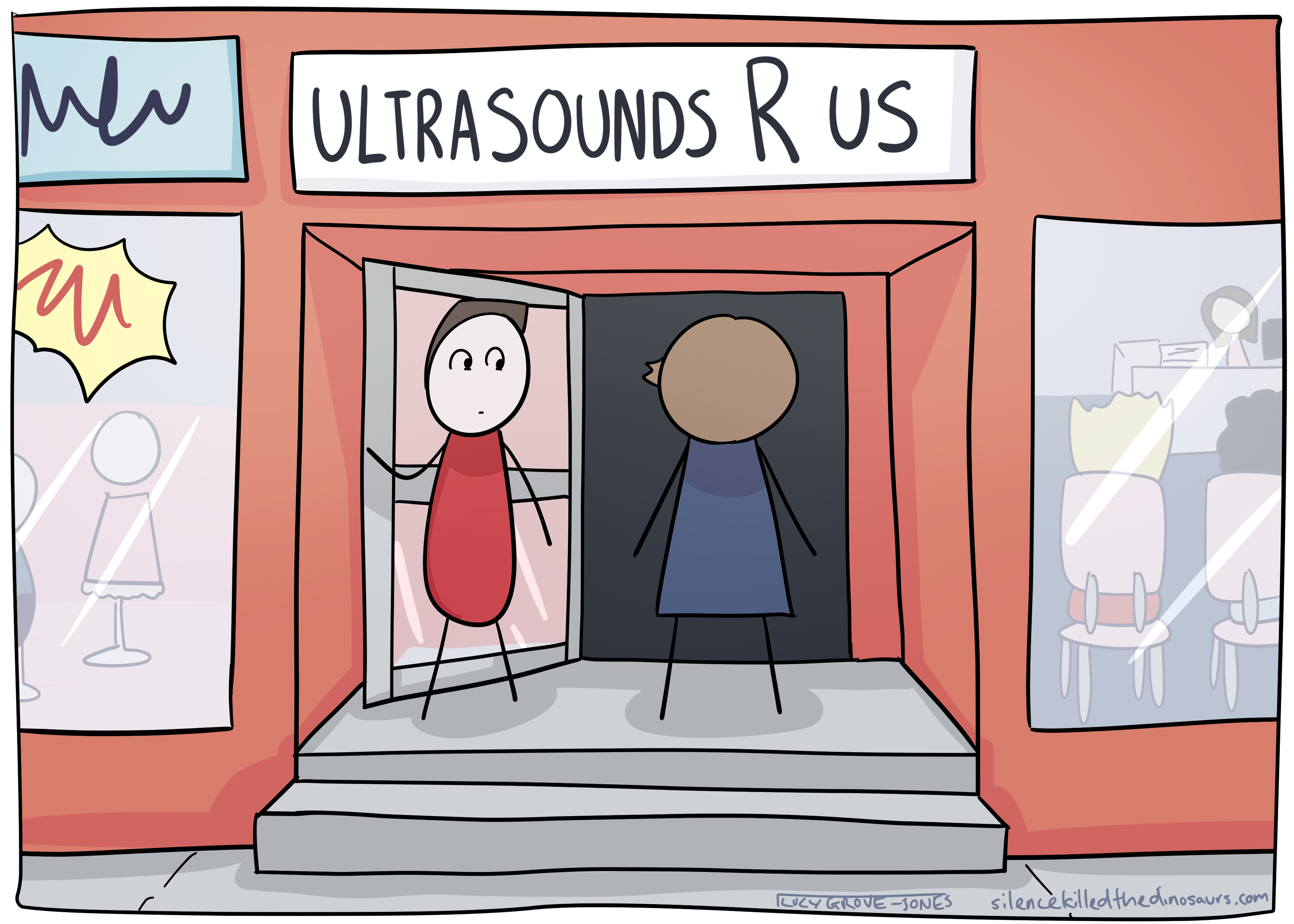 My partner holds the door open for me to a building with a sign proclaiming 'ULTRASOUNDS R US'