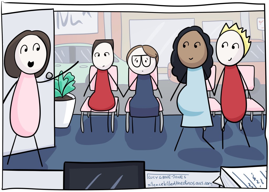 My husband and I sit in the ultrasound waiting room. Another happy and heavily pregnant couple are called in ahead of us.