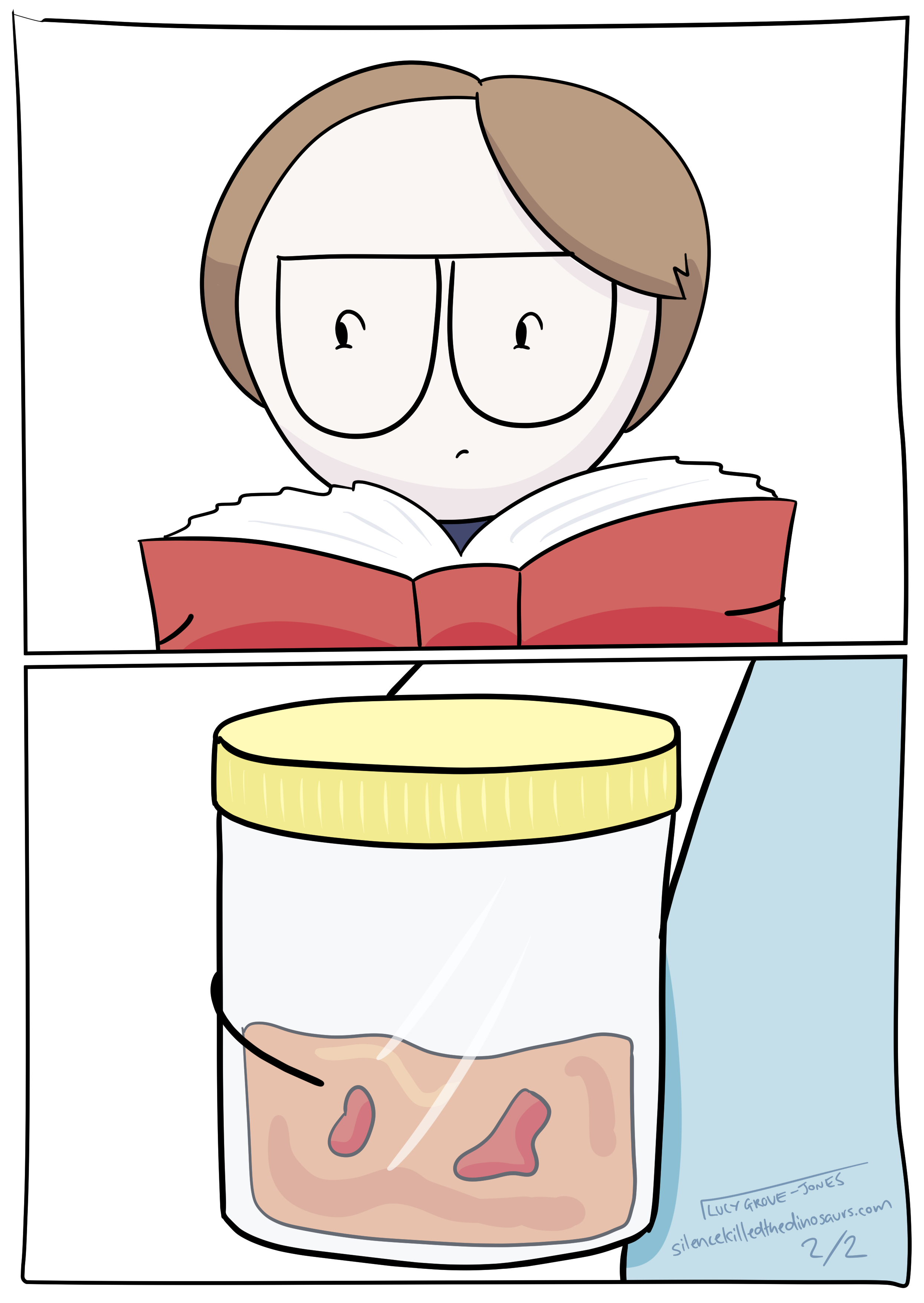 Two panels. The first is a close up of my face, behind a book, but my eyes are looking sideways toward the nurse. The second panel is a close up of the jar the nurse is holding. It contains yellow-red liquid with floating red bits.