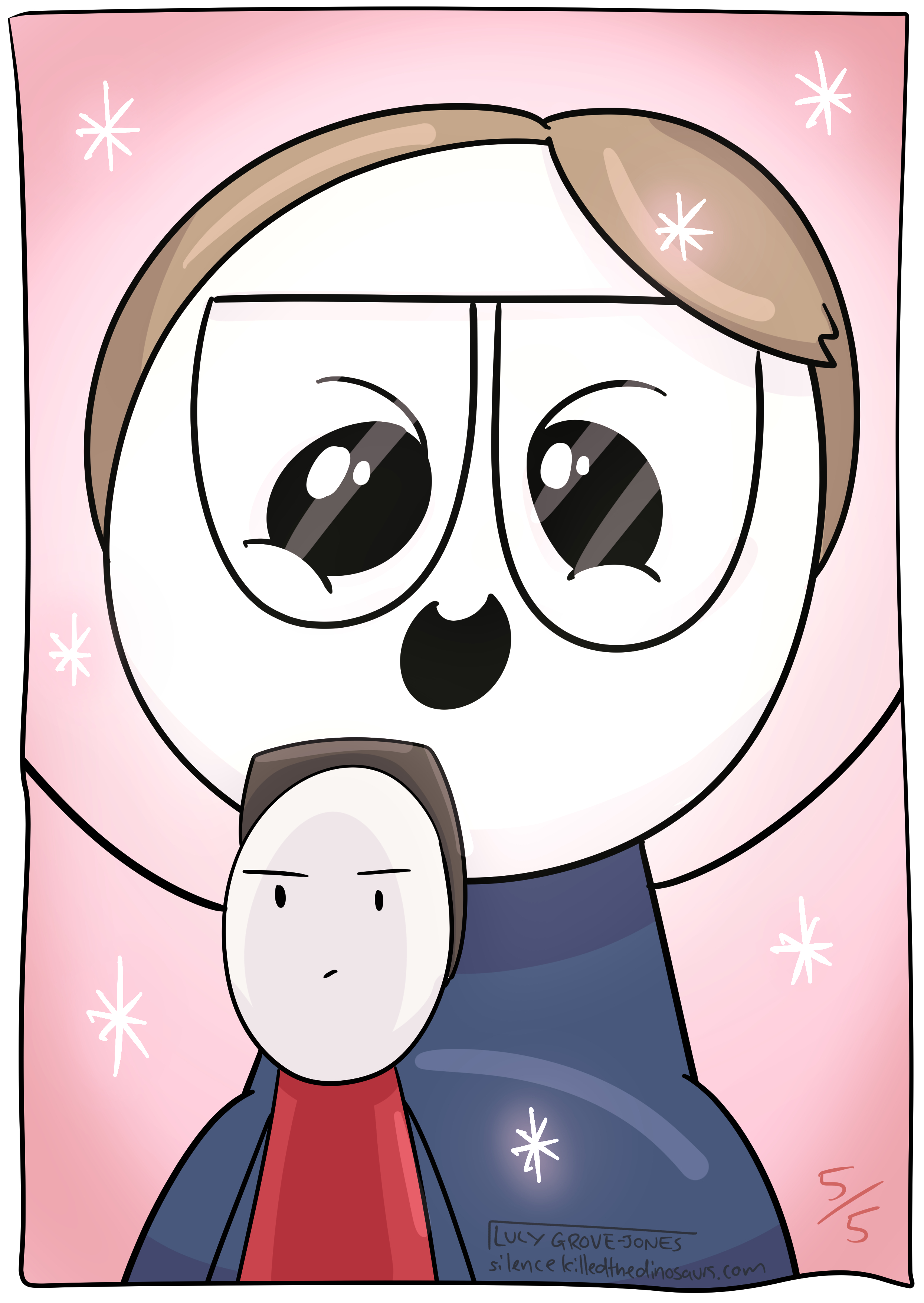 1 huge panel. My partner is in the foreground, ignoring me. In the background I am a huge monster of delight. I glow and sparkle. It is unclear if I look threatening or happy.