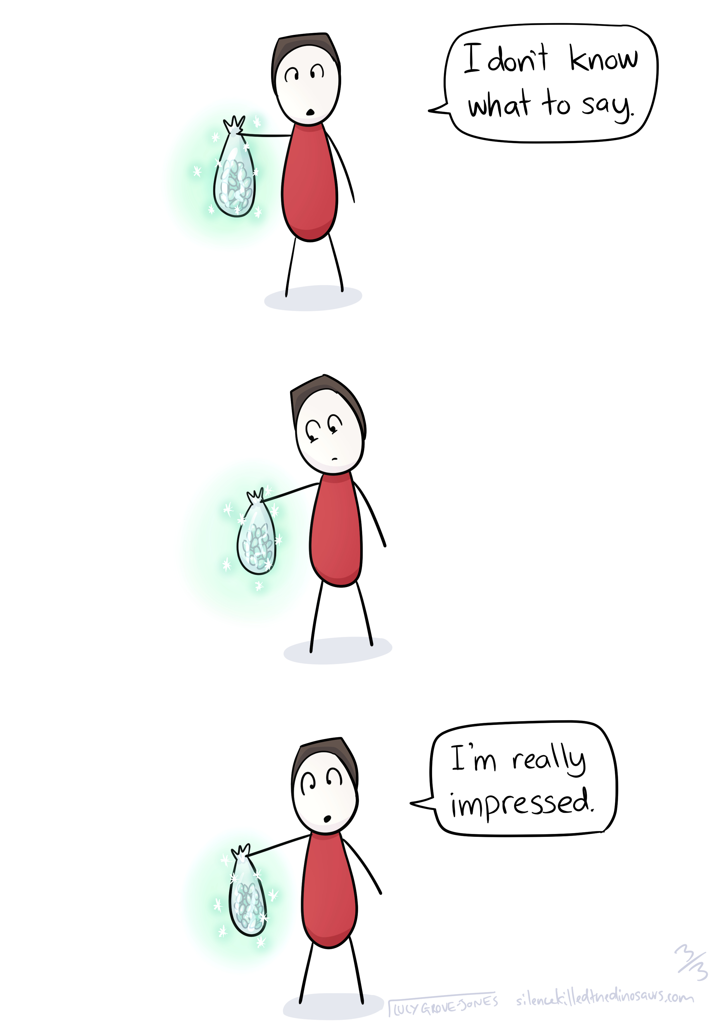 3 panels. Panel 1: my partner stands, holding the eggs, saying 'I don't know what to say. Panel 2: he looks at the eggs. Panel 3: he looks back forward and says 'I'm really impressed.'