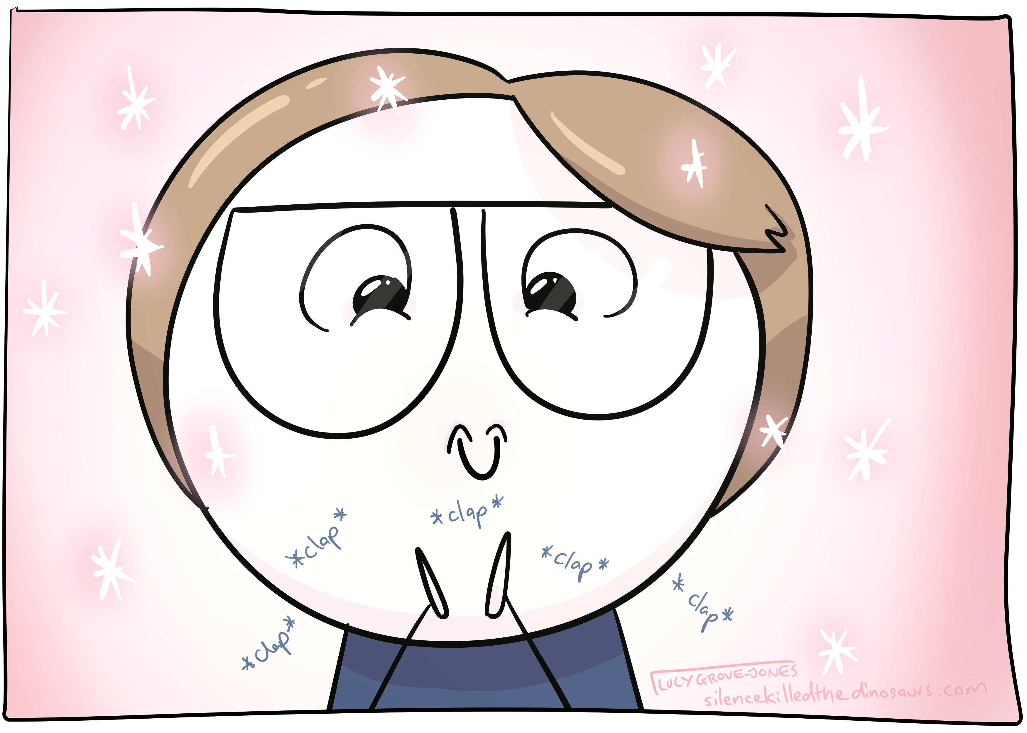 Close up of my face. I am glowing pink with sparkles and clapping with delight.