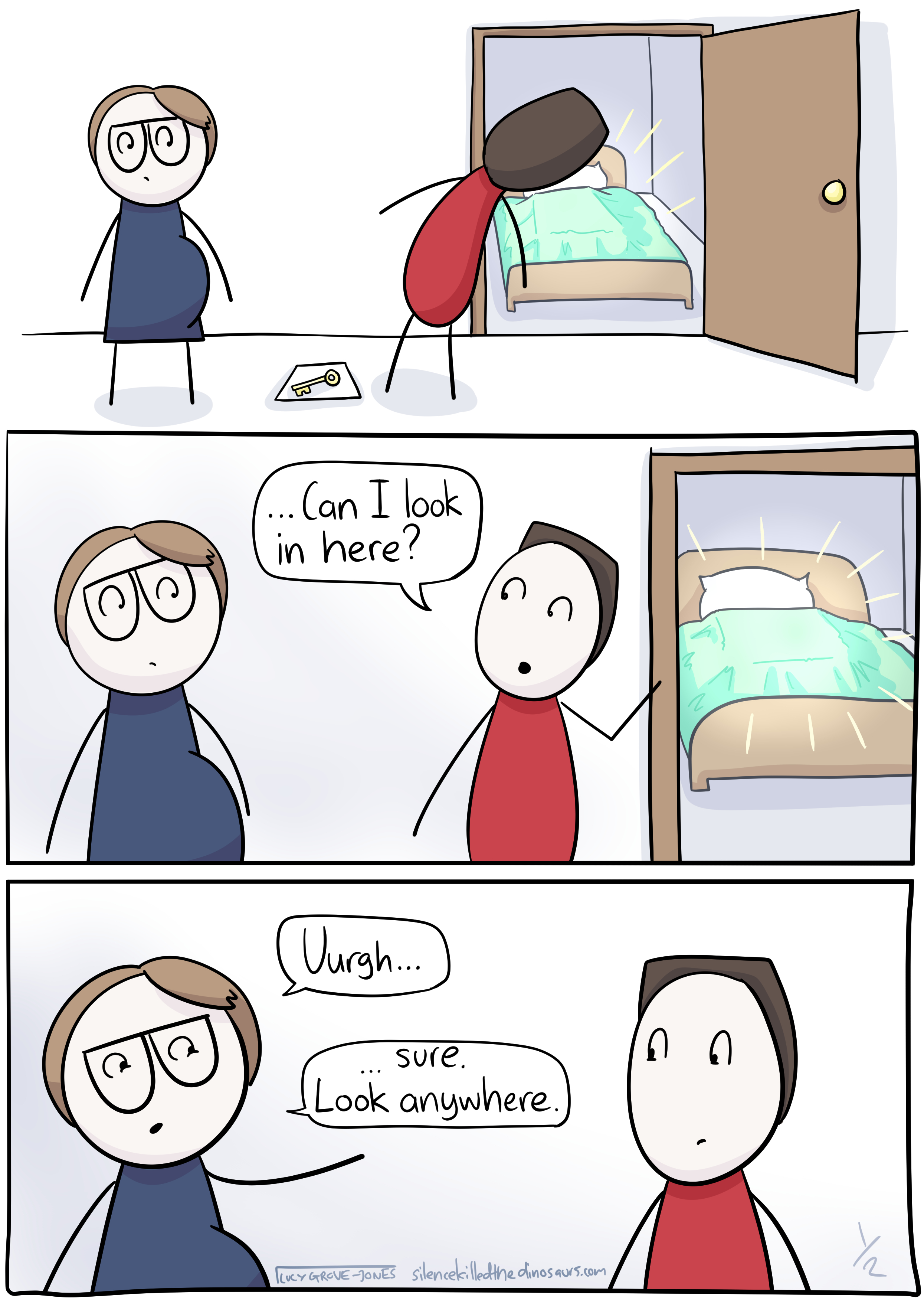 3 panels. Panel 1: my partner ignores the key on the floor to peek through a door to the spare room. There is a suspicious cabinet-shape under the covers, which is glowing with lines around it because it's so suspect. Panel 2: Closer view of my and my partner (the door is still visible in the background with the suspiciously glowing cabinet shape in the bed). My partner says ' ... Can I look in here?'. Panel 3: my partner and I. I say