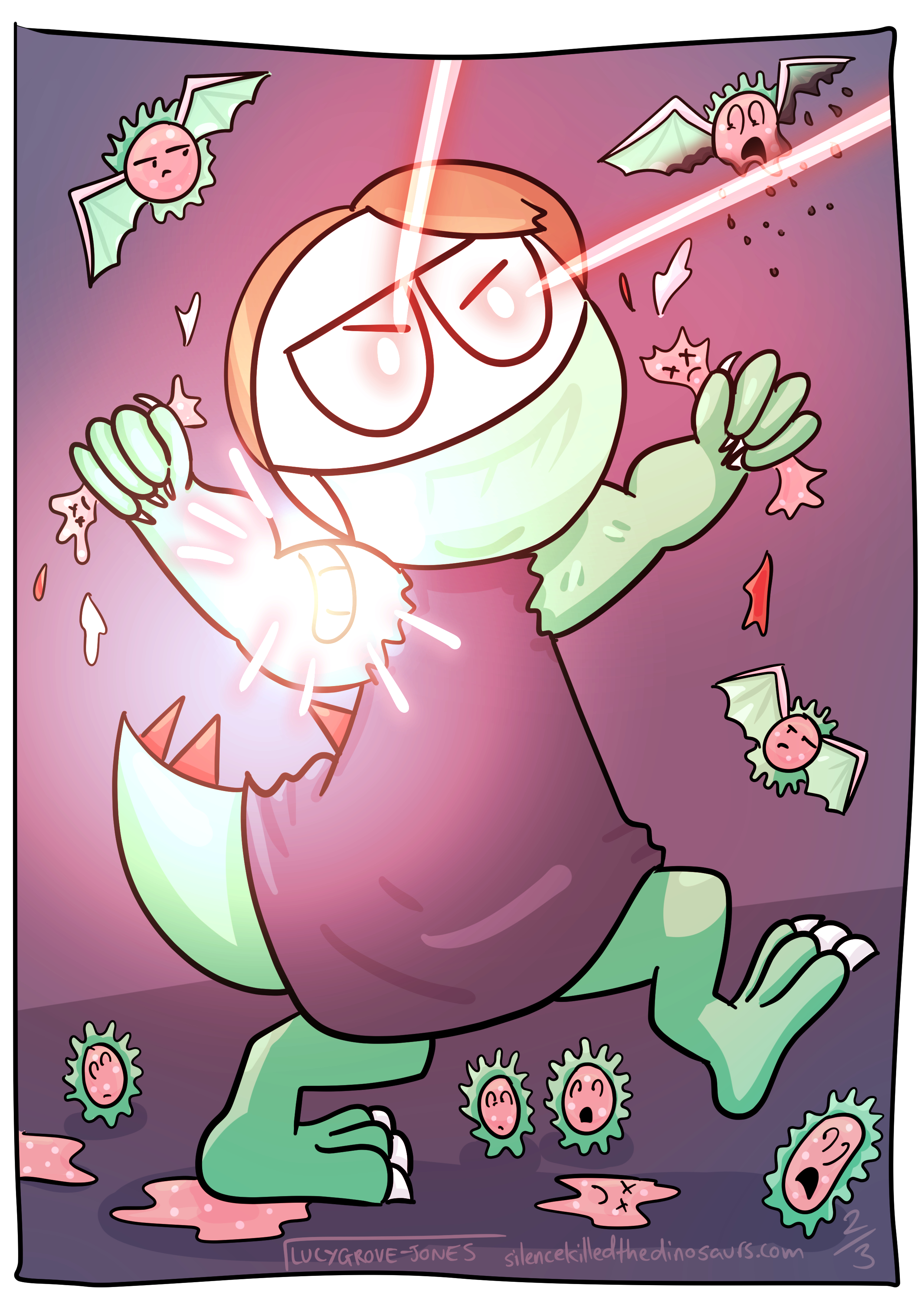 Full page comic. A Lucy-dinosaur mutant hybrid rampages through coronavirus cells. She stomps them and crushes them in her fists. She shoots down airborne virus cells with laser eyes. Her bandaid glow is at its most intense.