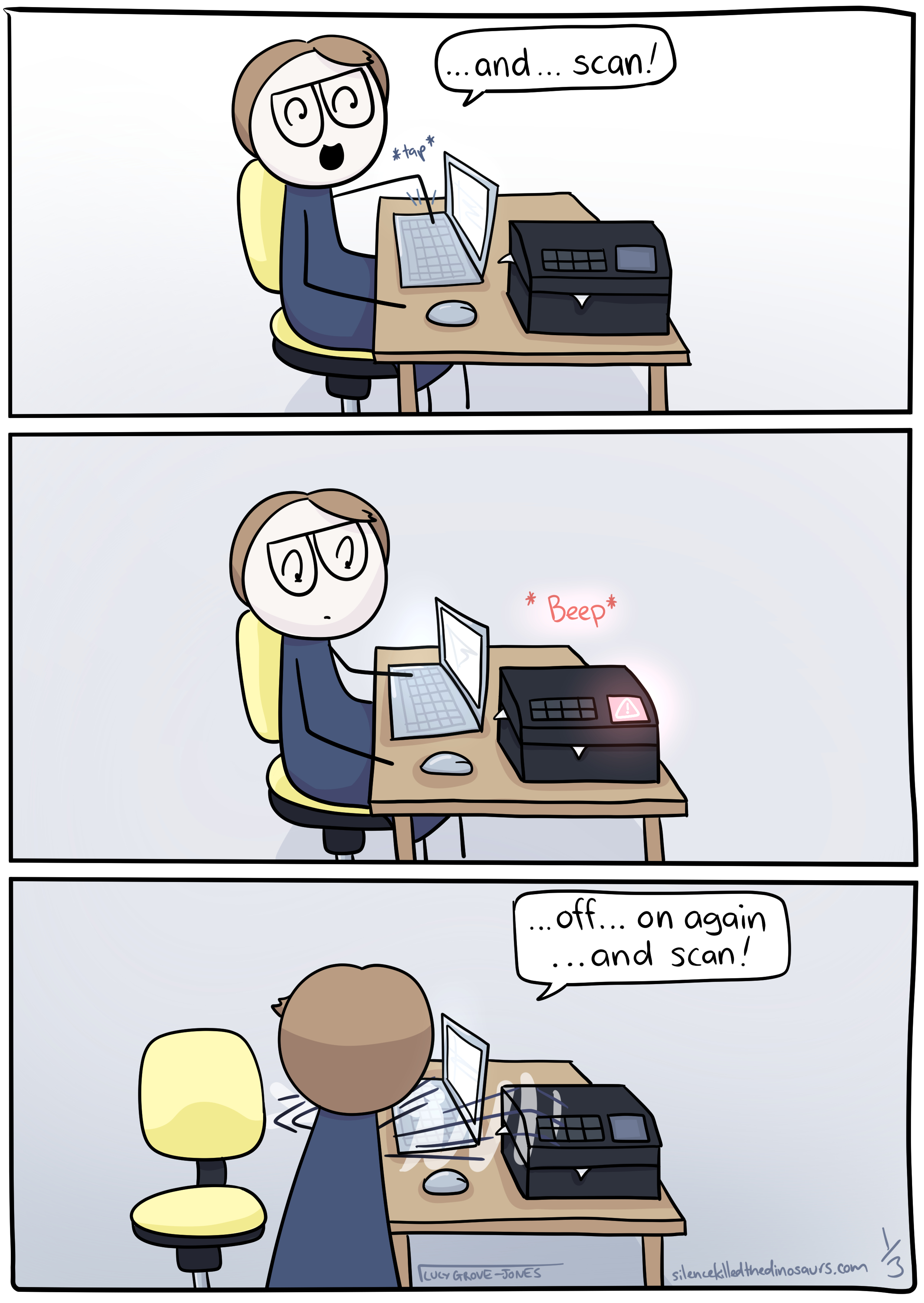 Comic page with 3 panels. In the first, Lucy sits are her desk in front of her laptop. A scanner with a piece of paper poking out is also on the desk. She taps a key and says '... and ... scan!'. Panel 2: a window lights up red with an exclamation mark on the scanner. A sound effect rendered as *Beep* can be seen over the scanner. Panel 3: Lucy rushes around, arms flailing, at the laptop and the scanner, saying '... off... on again ... and scan!' 