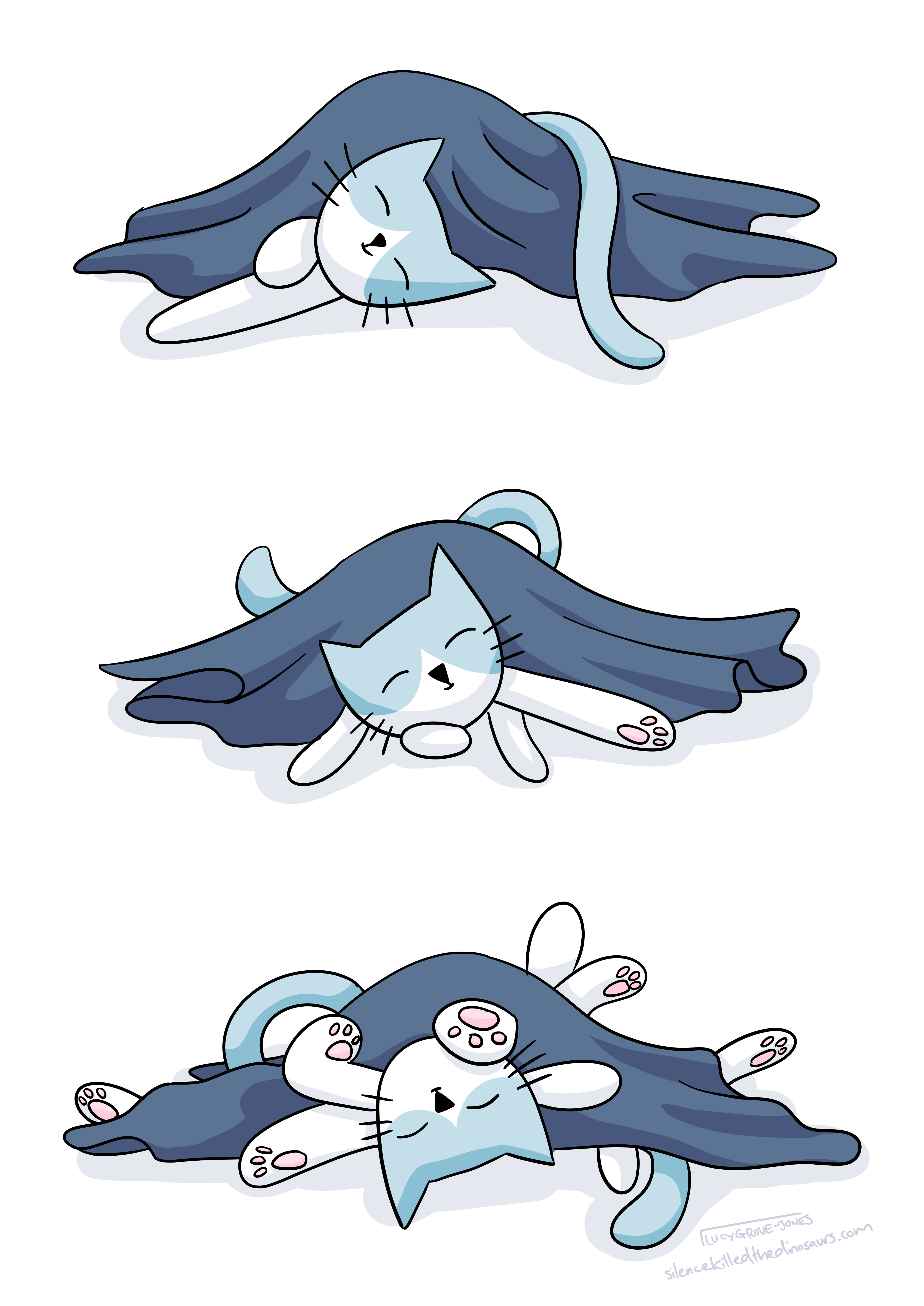 Illustration of three cats. In the top image, the cat is stretched out, asleep, under a blanket. In the middle image, the cat has moved around. All it's feet are sticking out of the blanket beneath it's head and it's tail is looped around behind the blanket in an unlikely pose. In the bottom image, the cat has moved again. This time, a total of nine feet stick out from the blanket in different places, and it's tail is visible in two places from behind the blanket that indicate the tail is a ridiculous length.