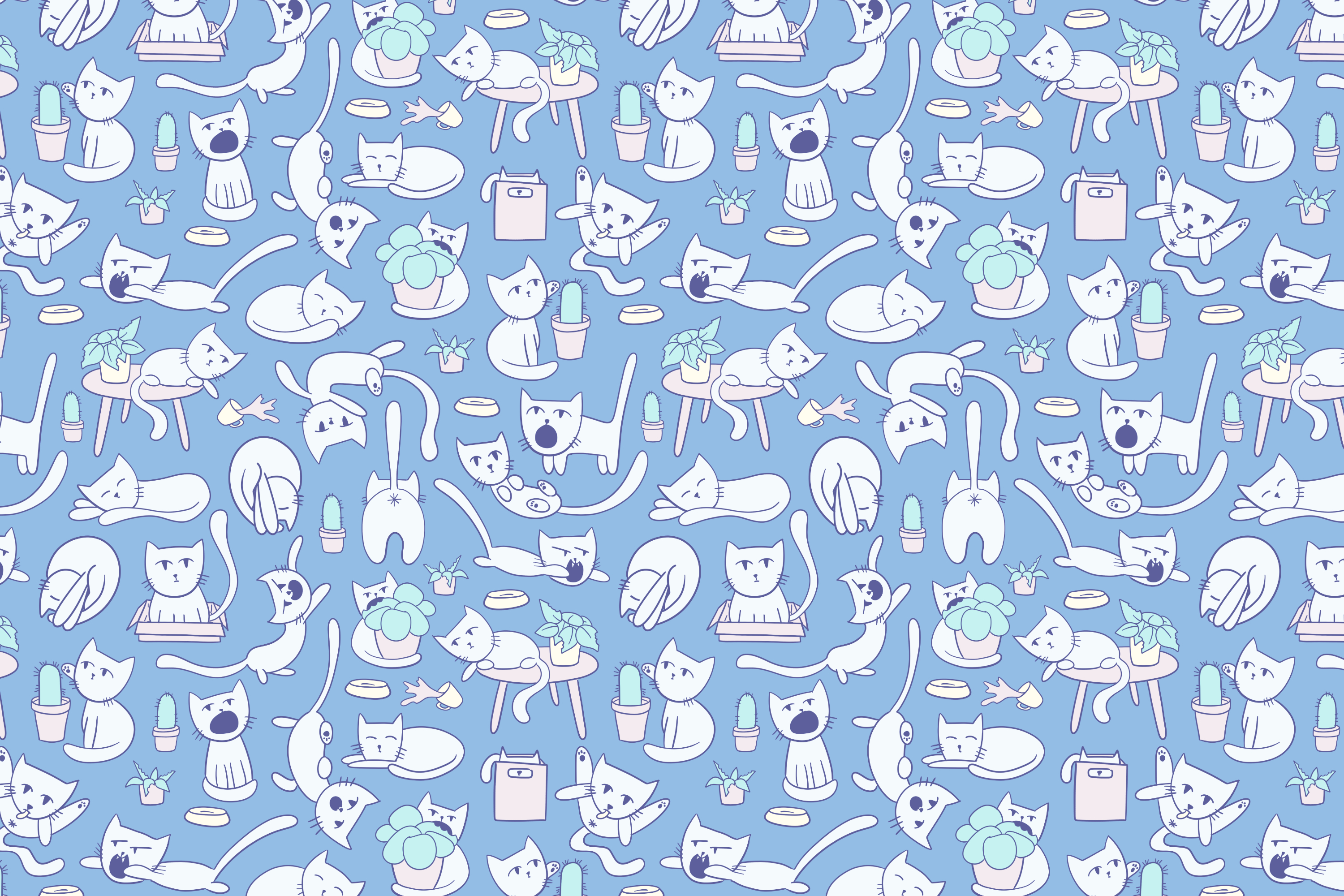 A pattern of cartoon cats on a blue background. Some are jumping or stretched out. One is poking a cactus. Some are in boxes. One is eating a plant. One is licking itself, butt visible.