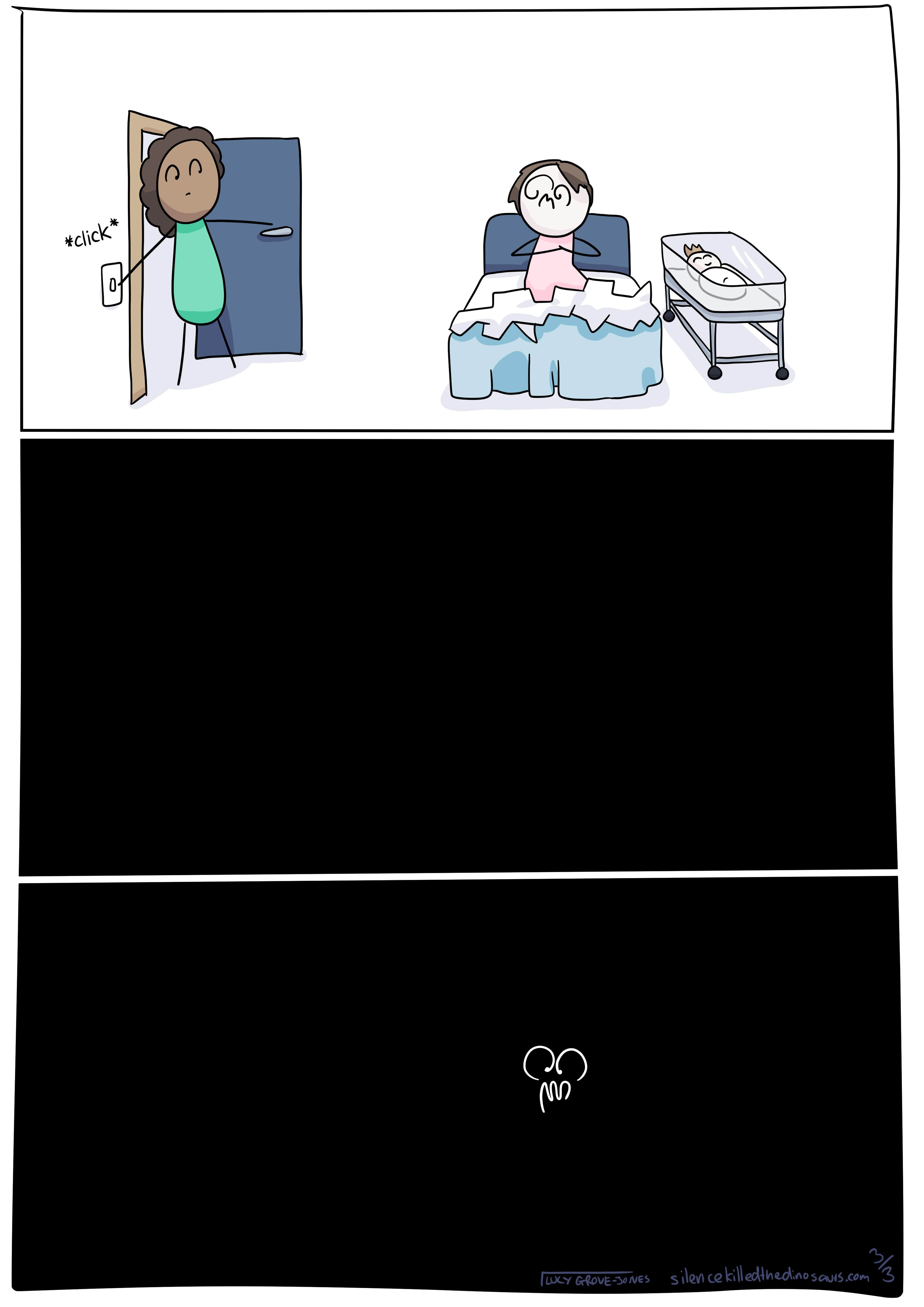 The comic continues with a final three panels. In panel one, the midwife is turning off the light and closing the door. Panel 2 is completely black. Panel 3 is completely black except for comic Lucy's panicking face drawn in white in the darkness.