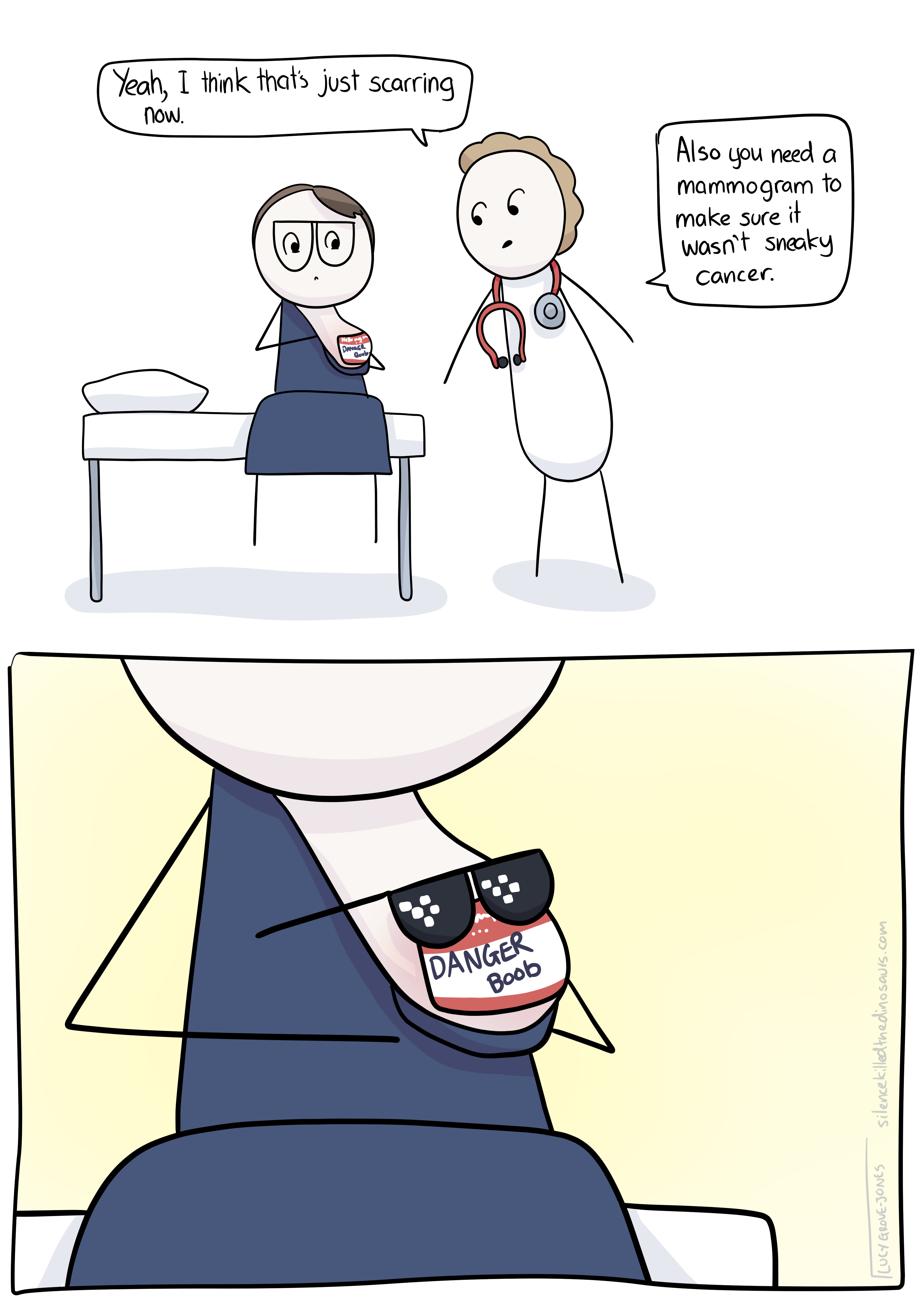 Comic with 2 panels. In the first, comic Lucy sits on an examination table, top pulled down to show a breast that is red with a name tag sticker over the nipple that sys 'hello my name is danger boob.' A doctor is examining it and saying: 'Yeah, I think that's just scarring now. Also you need a mommogram to make sure it wasn't sneaky cancer.' Second panel is a zoomed in illustration of the breast, now wearing 8-bit shades. From the name tag 'DANGER Boob' is clearly visible.