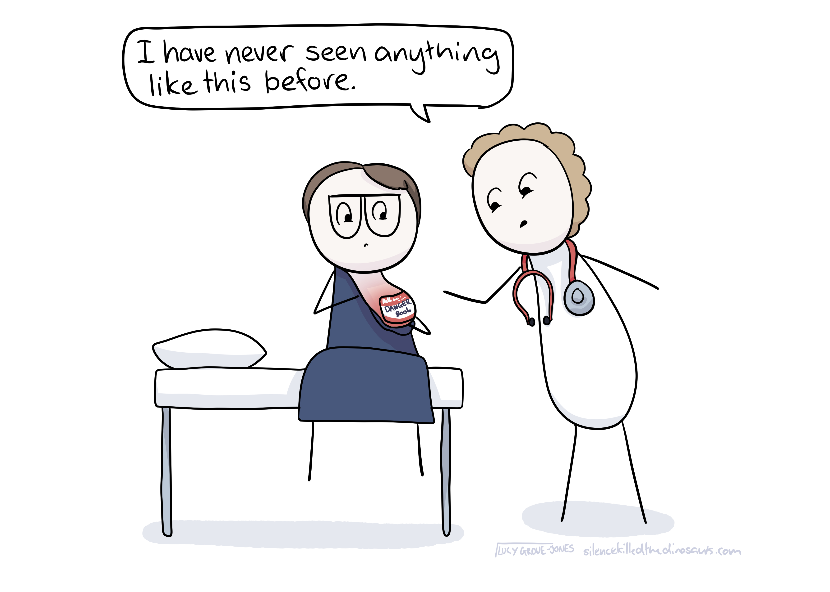 Lucy sits on an examination table, top pulled down to show a breast that is red with a name tag sticker over the nipple that sys 'hello my name is danger boob.' A doctor is examining it and saying: 'I have never seen anything like this before'