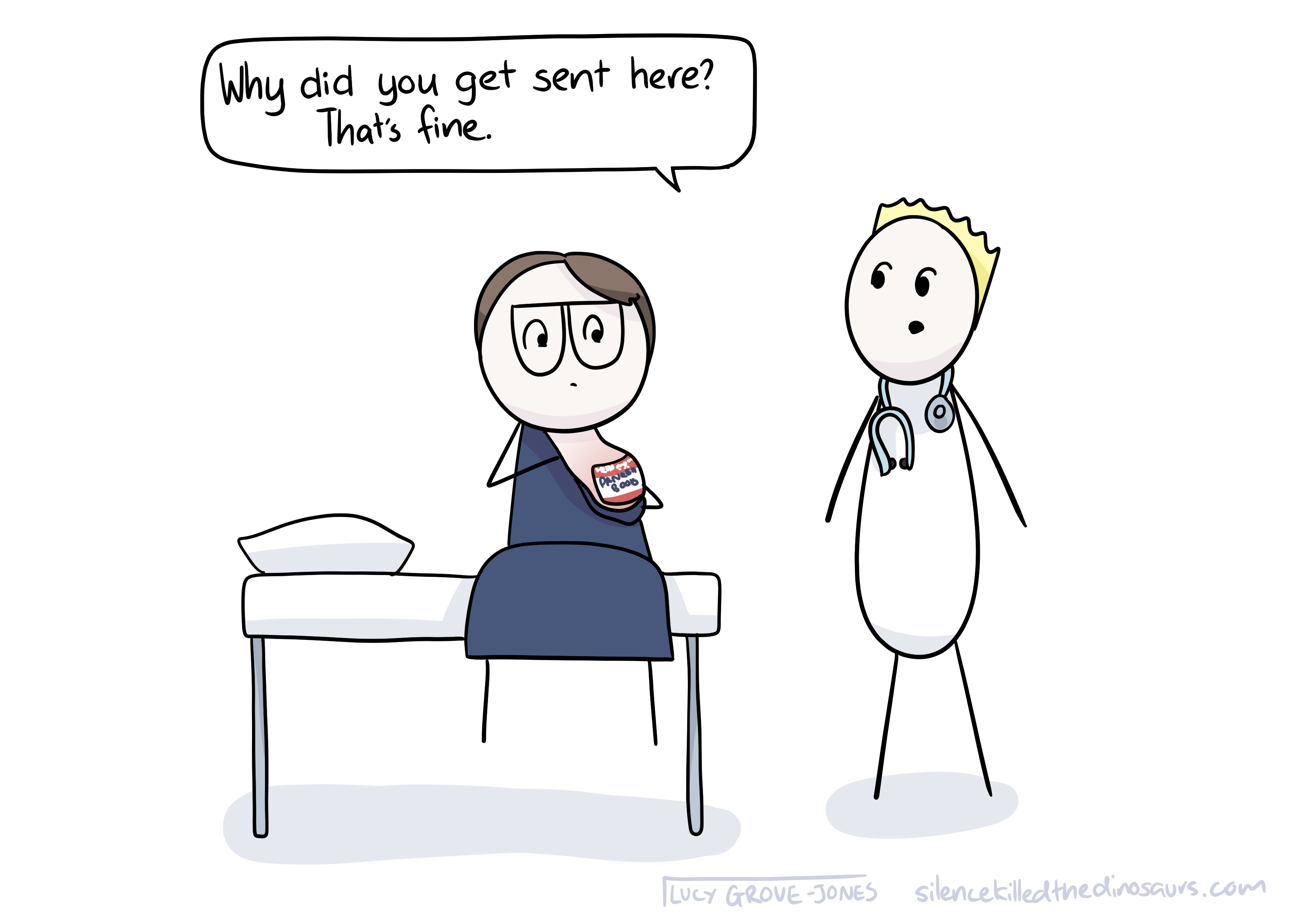 Lucy sits on an examination table, top pulled down to show a breast that is red with a name tag sticker over the nipple that sys 'hello my name is danger boob.' Another doctor is examining it and saying: 'Why did you get sent here? That's fine.'