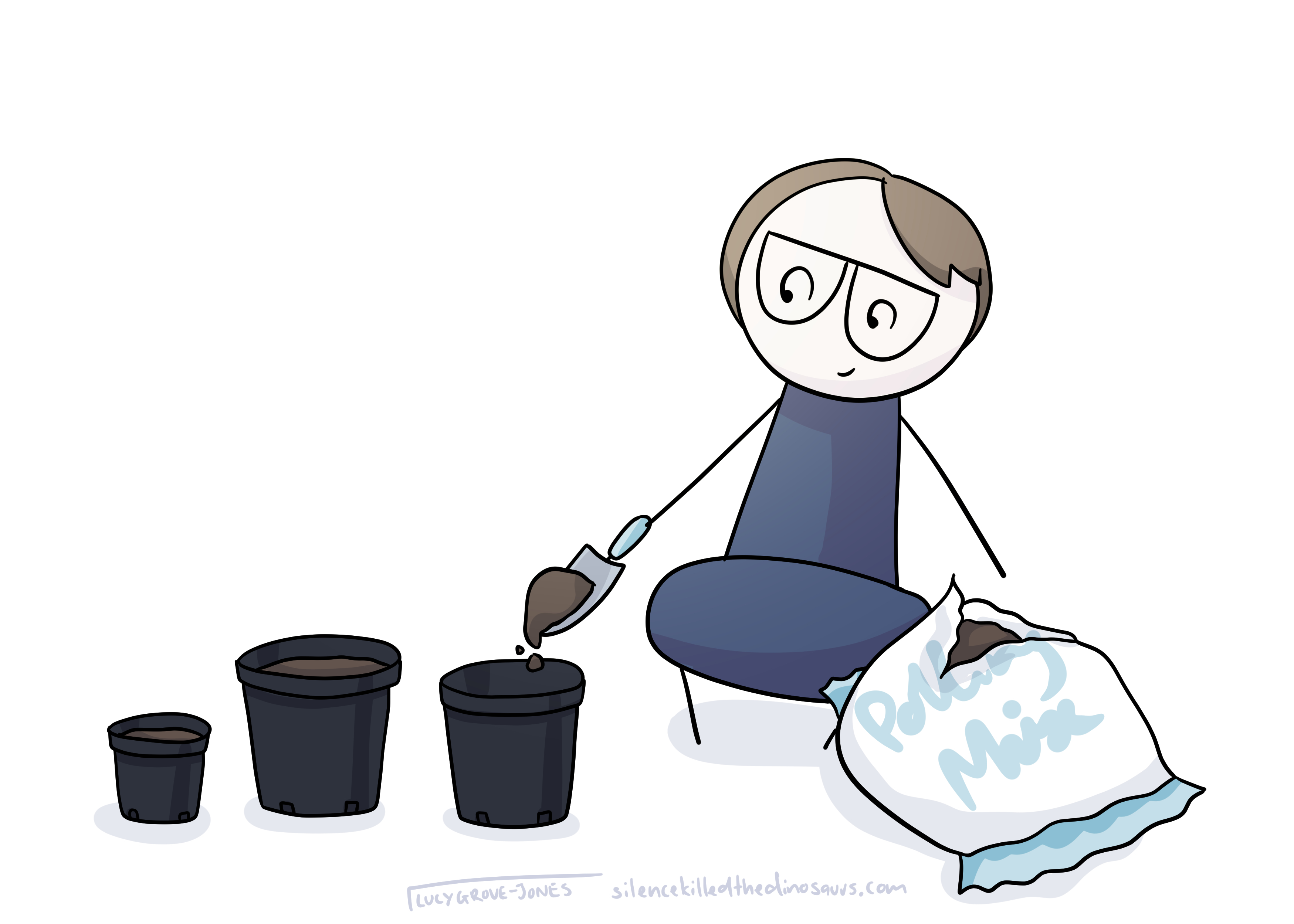 comic lucy putting soil in black plant pots