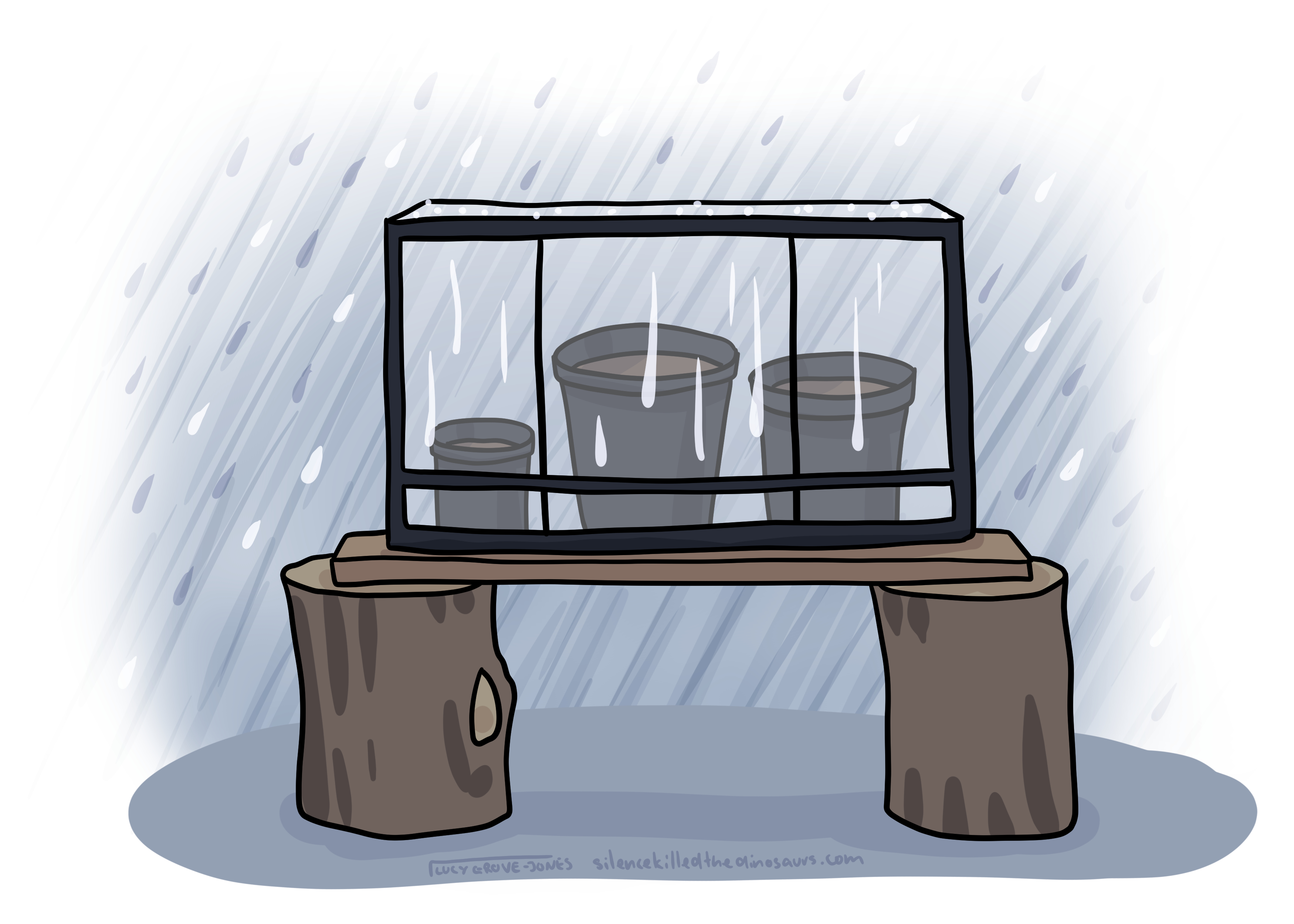 greenhouse on a bench in the rain