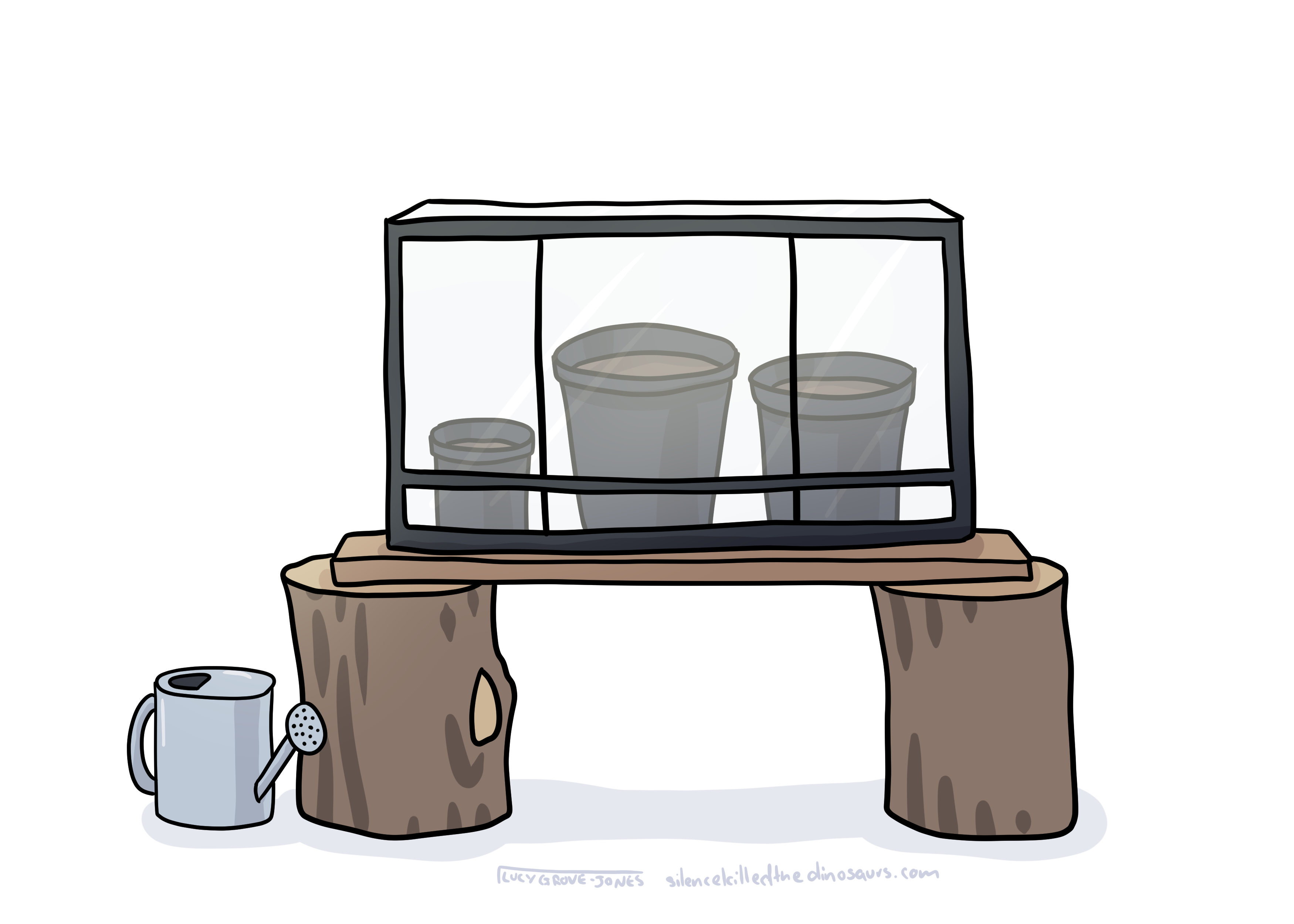 greenhouse on a bench, watering can nearby