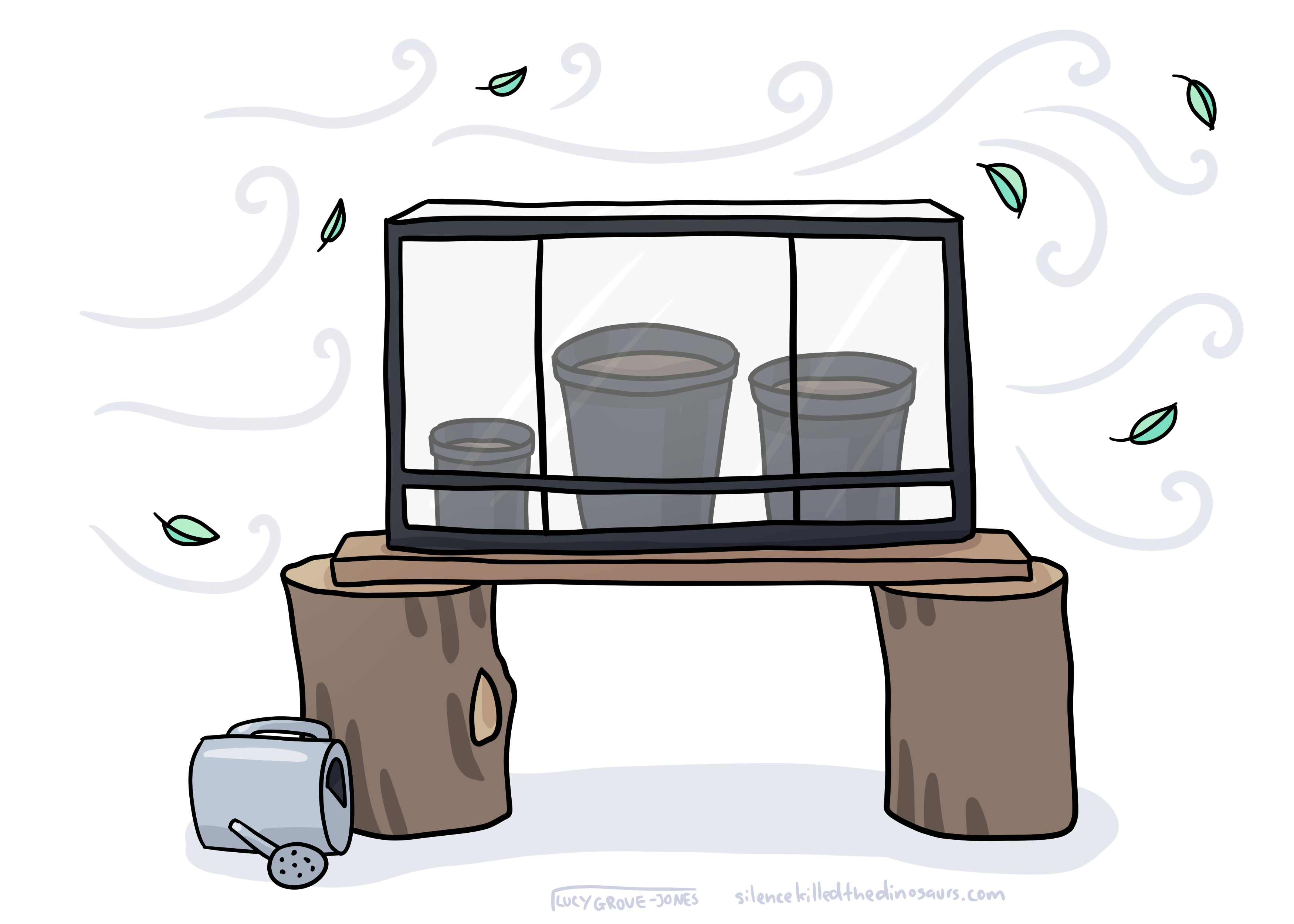 greenhouse on the bench, it is windy, the watering can has been blown over