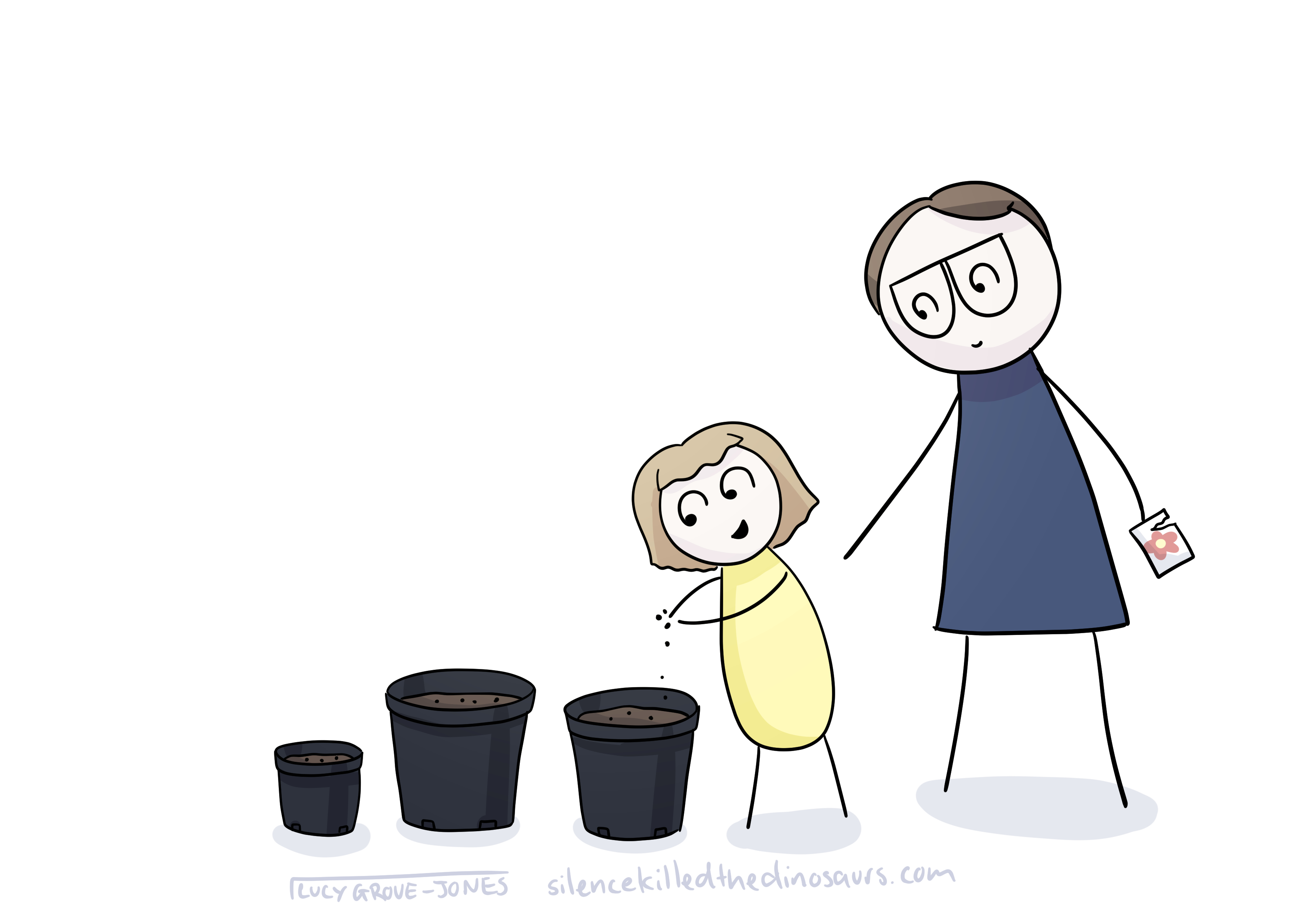 Comic Lucy and her daughter sprinkle seeds into black gardening pots