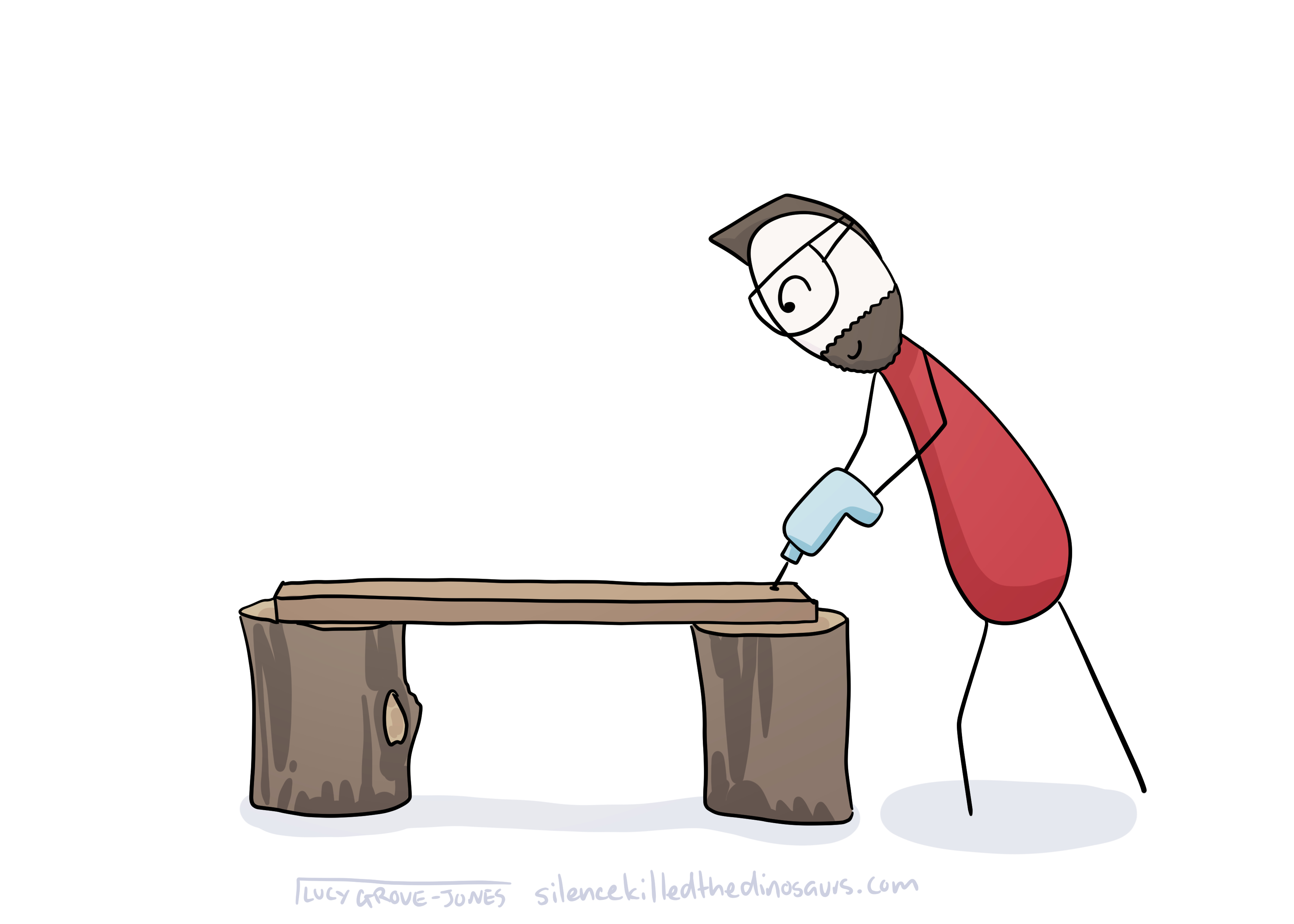 Comic Lucy's partner using a drill to screw some planks onto some logs to create a bench