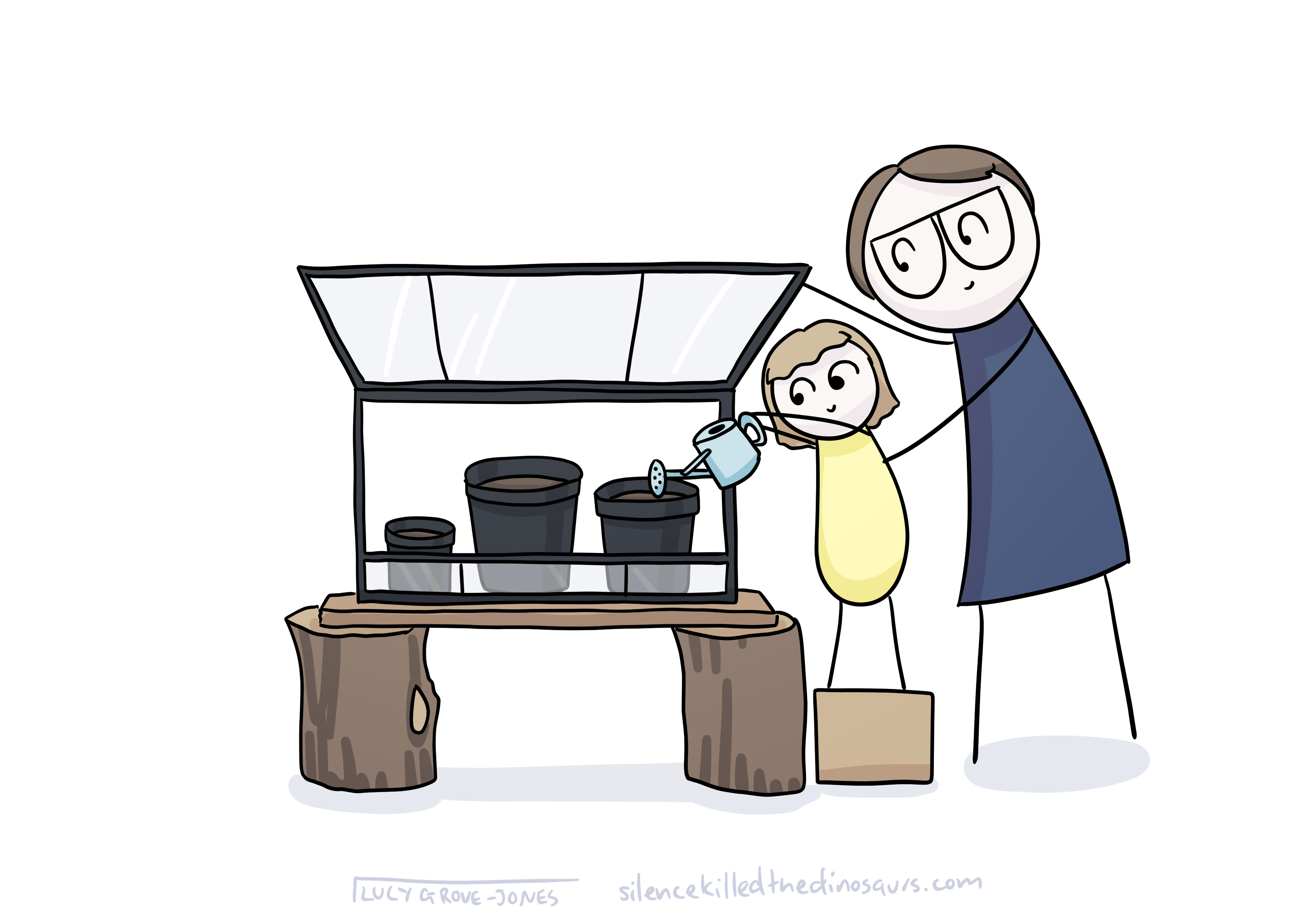 Comic Lucy and her daughter water the pots in the little greenhouse