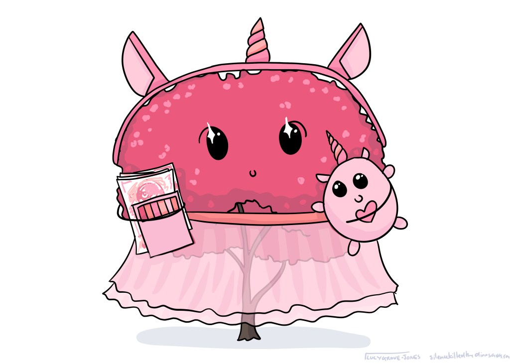 A very, very pink tree wearing a pink unicorn ear headband and a pink tutu, and holding a pink unicorn toy and pink crayons with pink drawings.