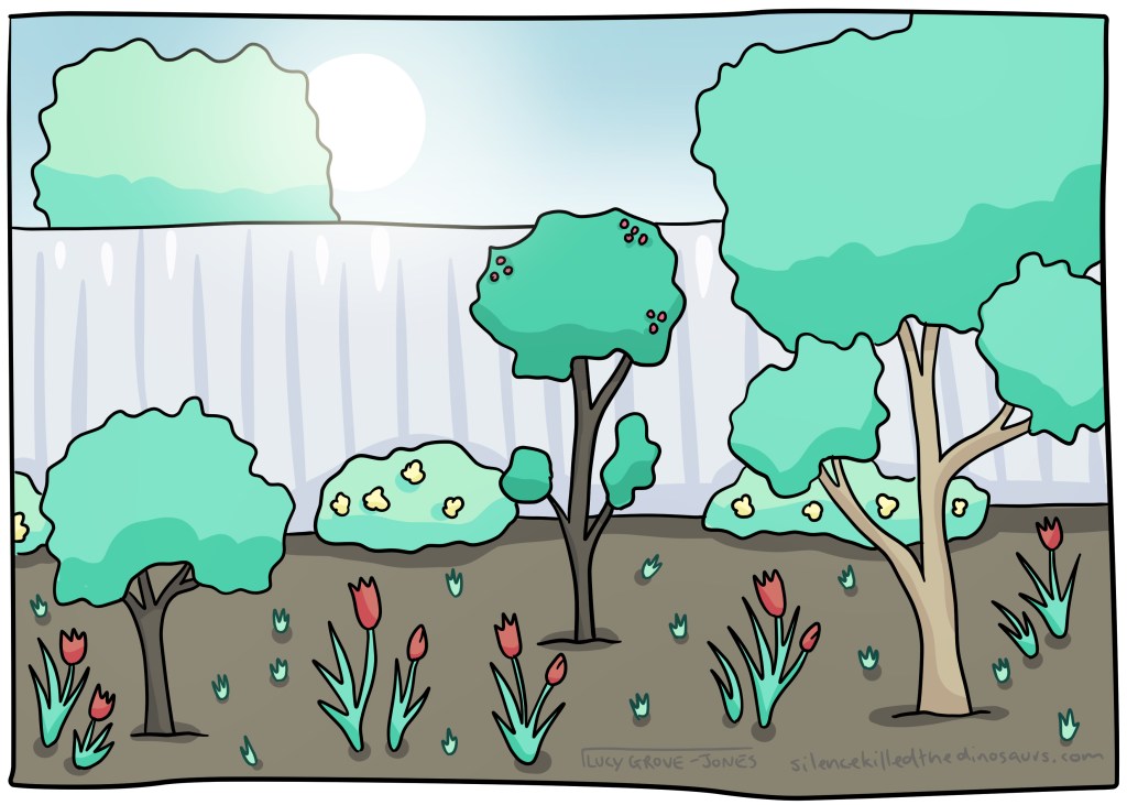 A spring garden. The central tree has leaves and few small pink buds.