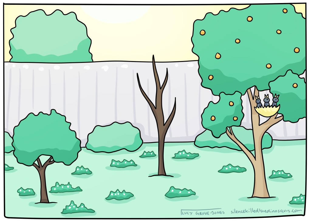 A summer garden scene with one bare tree in the middle